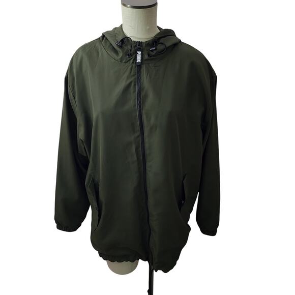 Pink Victoria Secret Anorak Olive Green Rain Jacket with Hood Size M - Picture 1 of 9